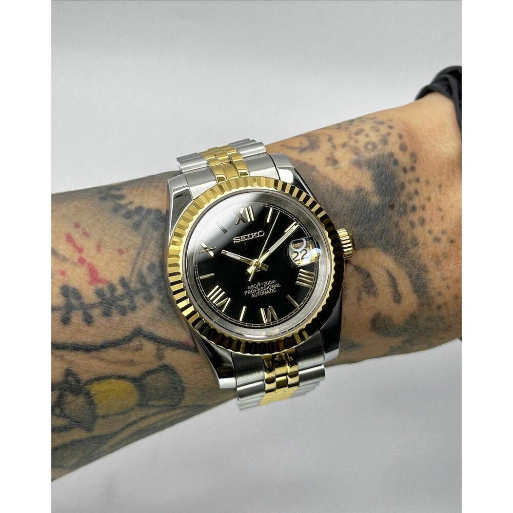 Custom Seiko Mod • 2-Tone Black Gold Roman DateJust • 39mm
